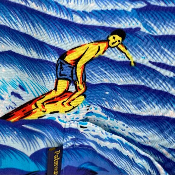 Palmwave Hawaiian shirt size small blue yellow surfer volcano palm trees - Picture 8 of 9